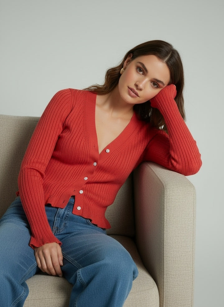 Ribbed V-Neck Slim Knit Cardigan