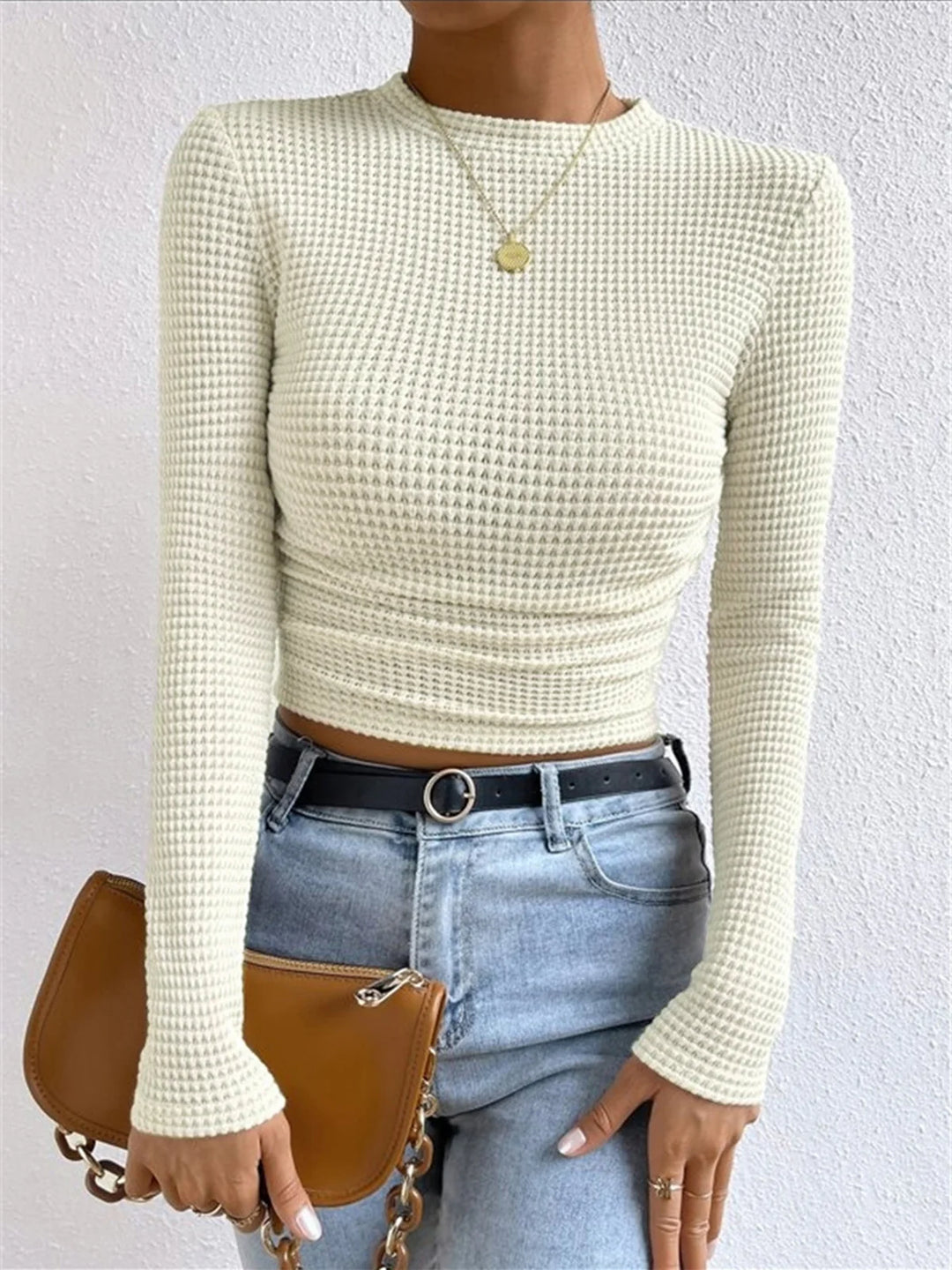 Waffle Knit Long Sleeve O-Neck Top