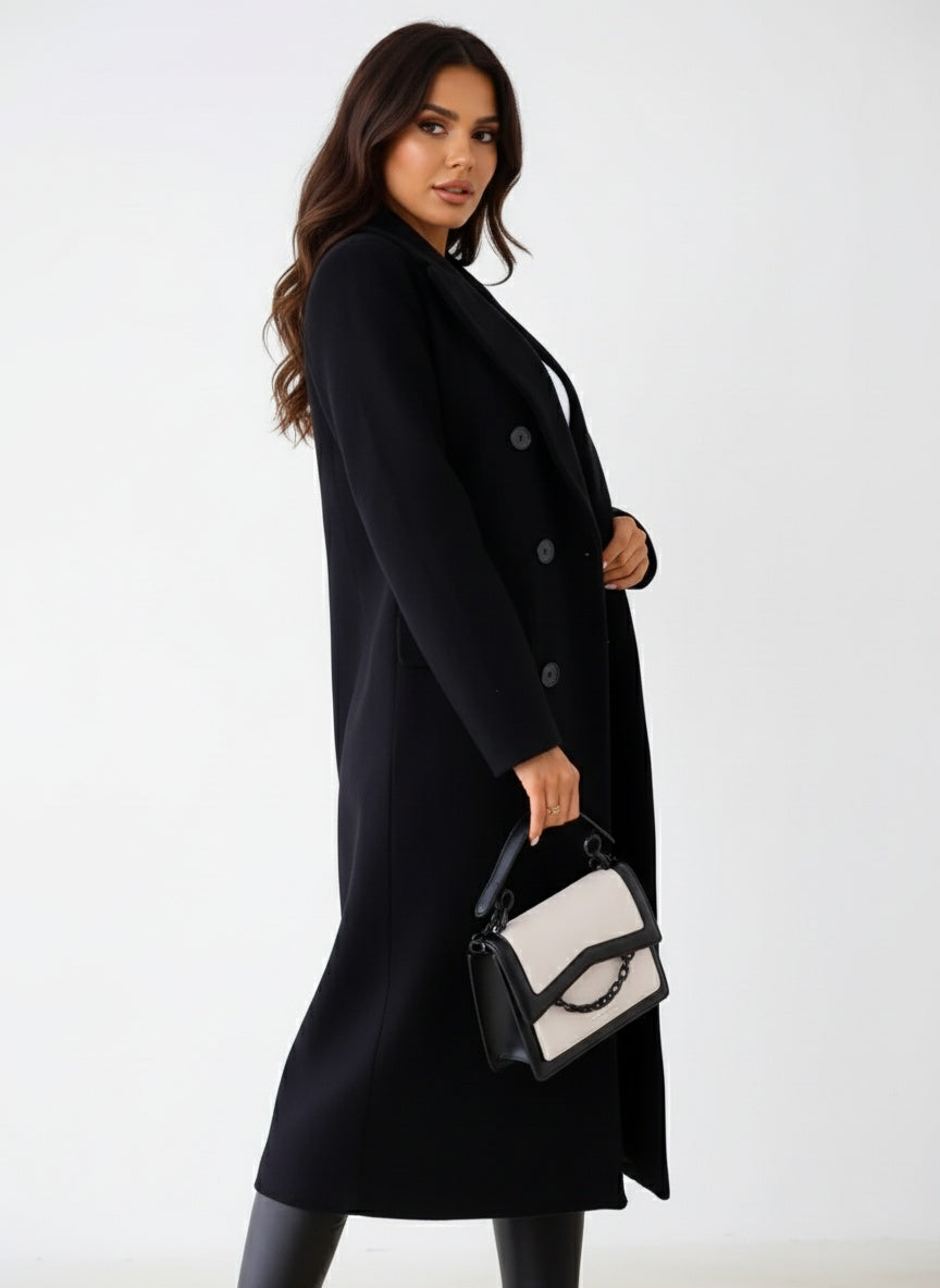 Long Wool-Blend Buttoned Coat