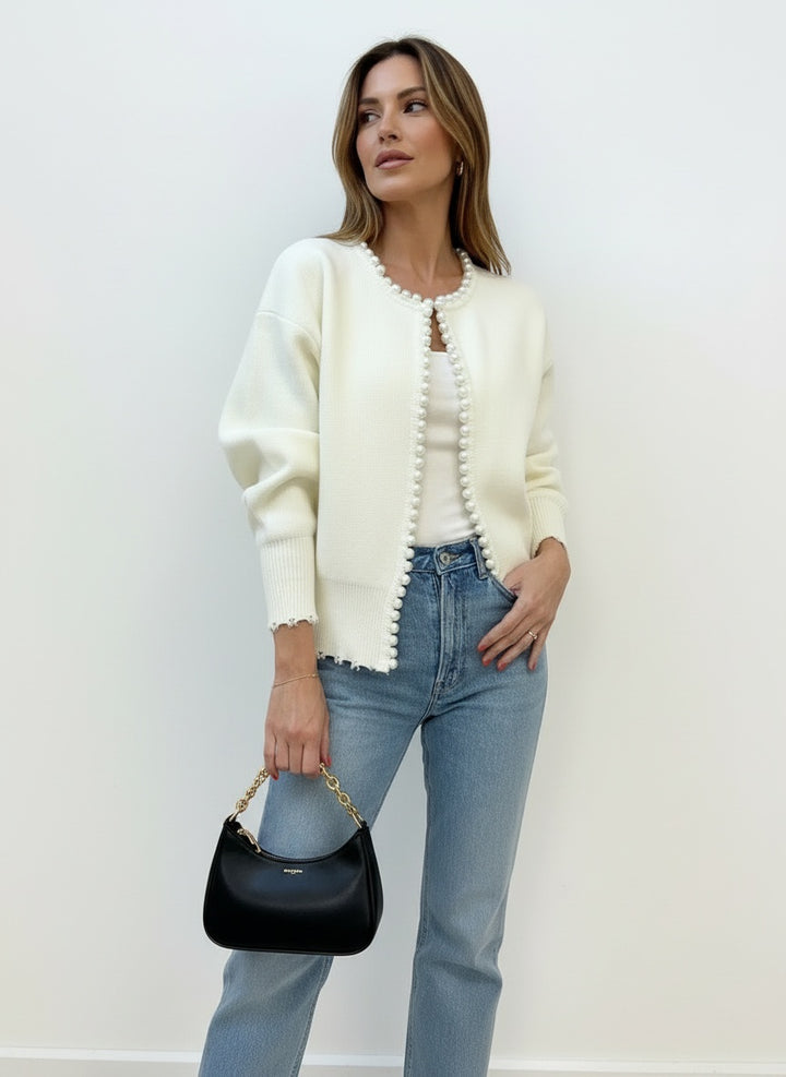 Pearl Trim Long Sleeve Knit Cardigan