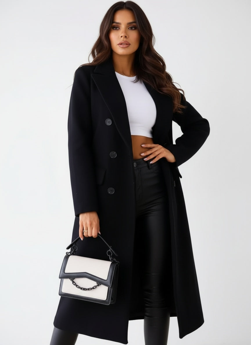 Long Wool-Blend Buttoned Coat