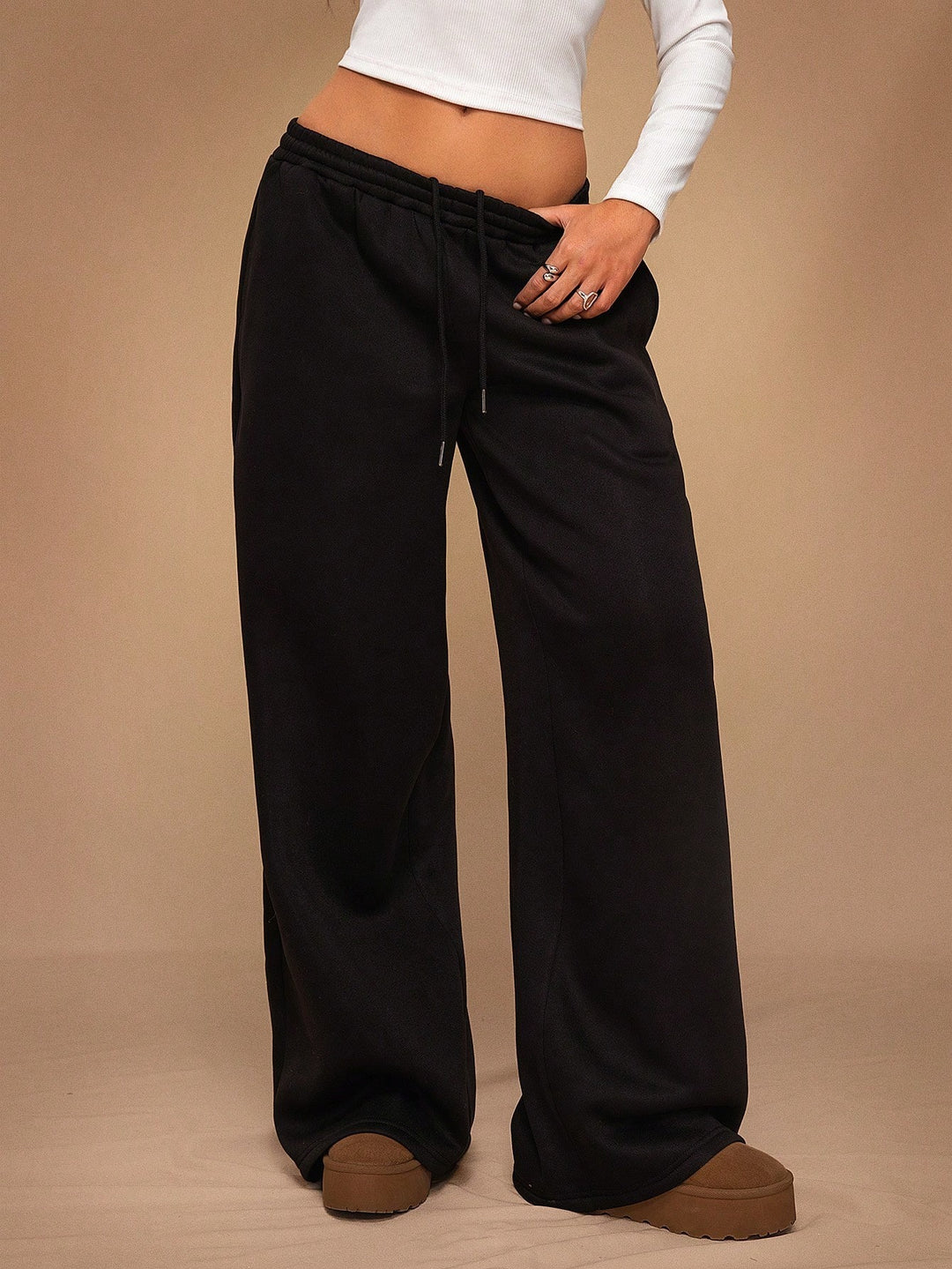 Fleece-Lined Loose Wide-Leg Pants