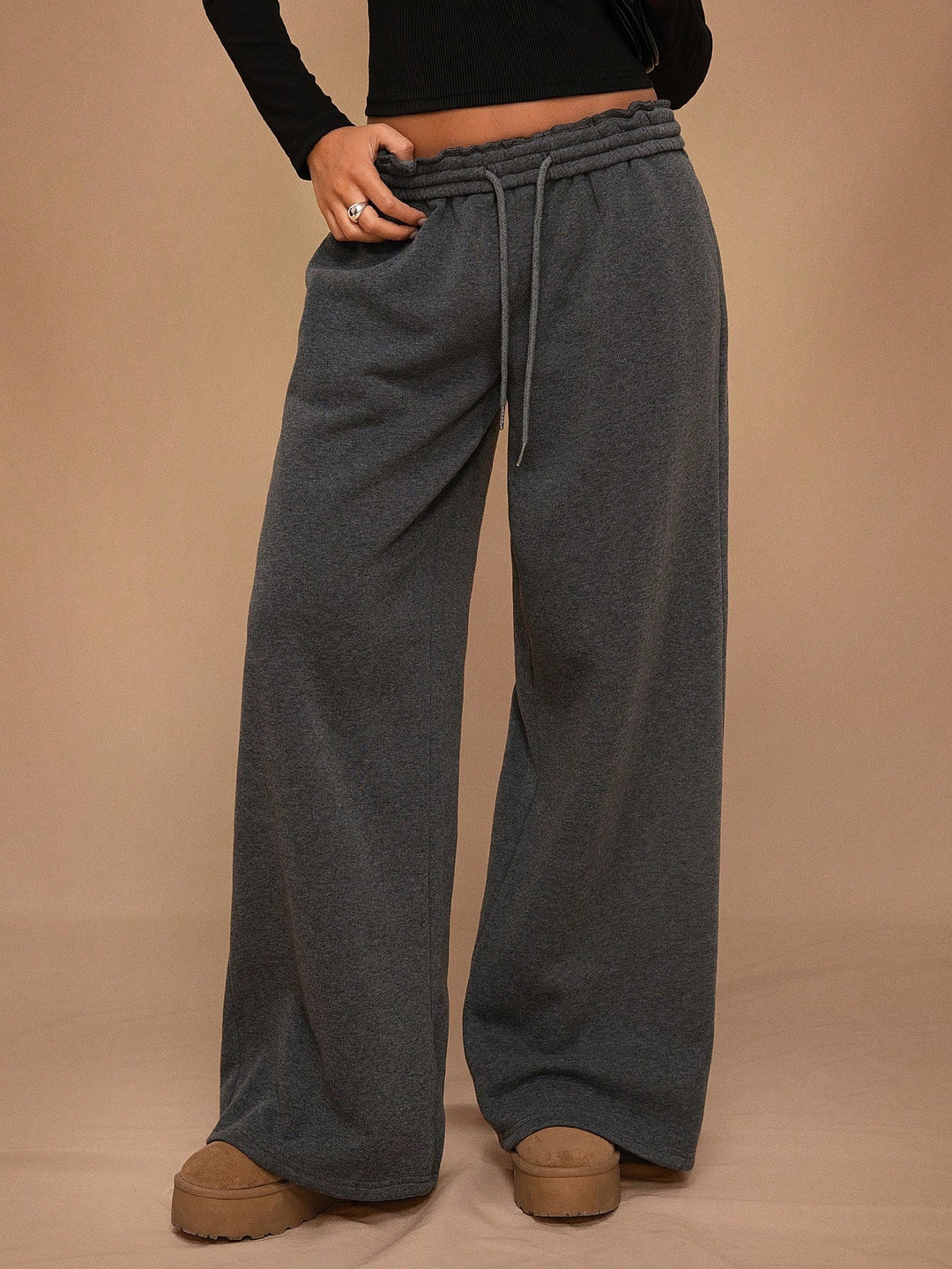 Fleece-Lined Loose Wide-Leg Pants