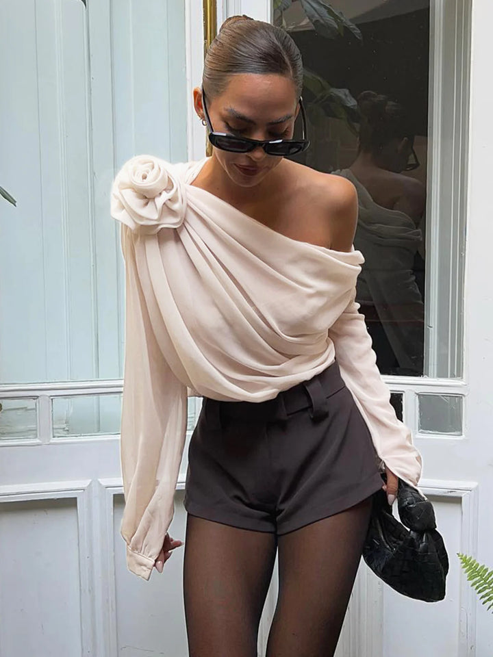 Off Shoulder Flower Asymmetrical Blouse