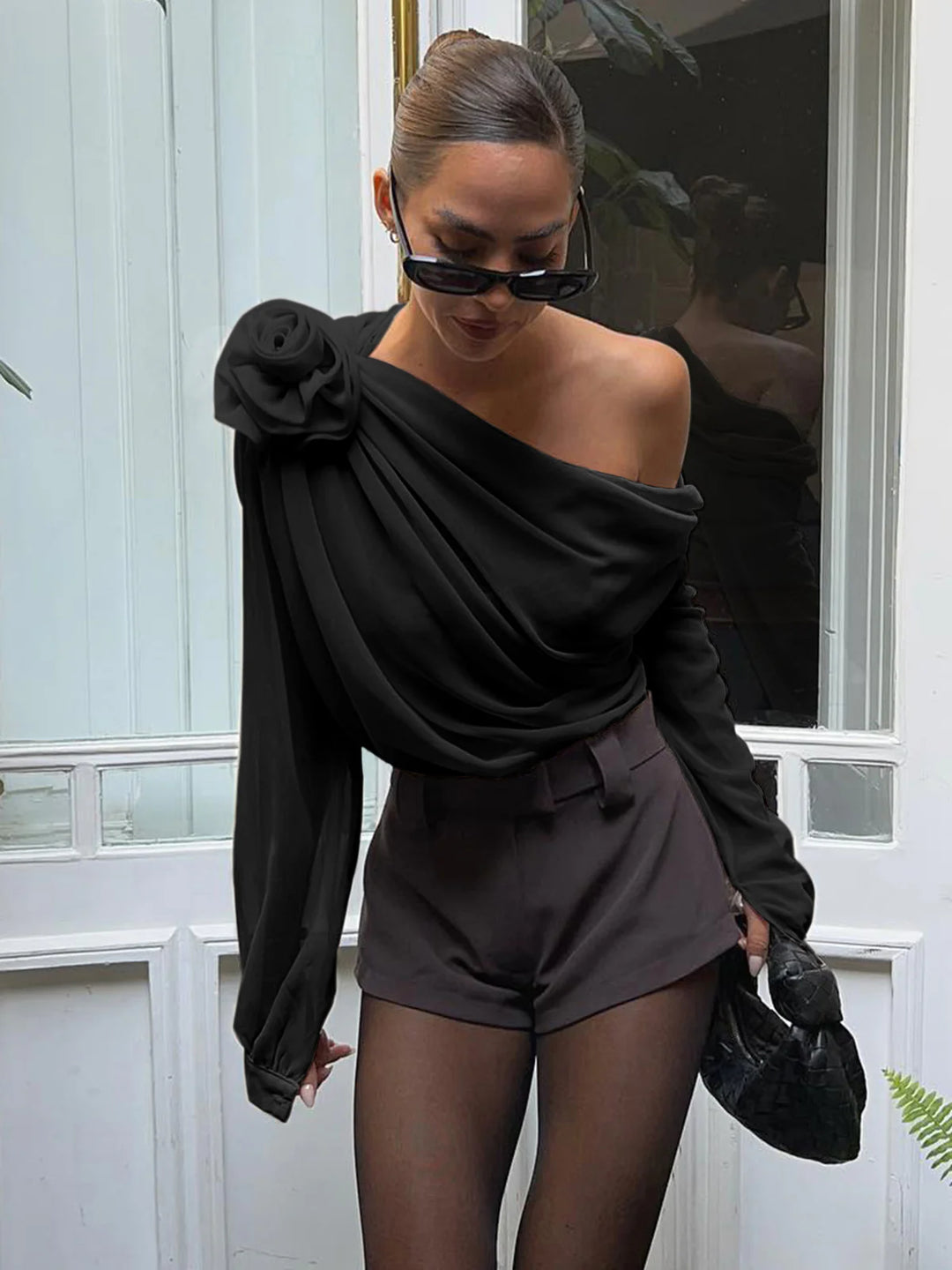 Off Shoulder Flower Asymmetrical Blouse