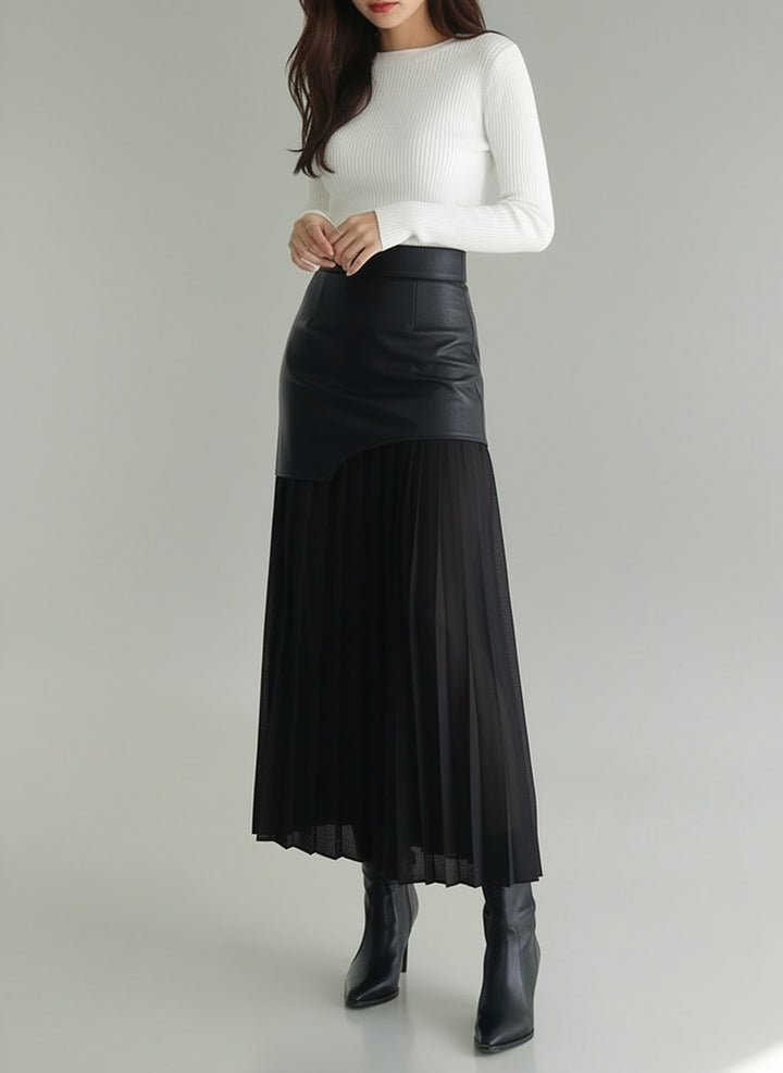 Patchwork Faux Leather High-Waist Woven Maxi Skirt