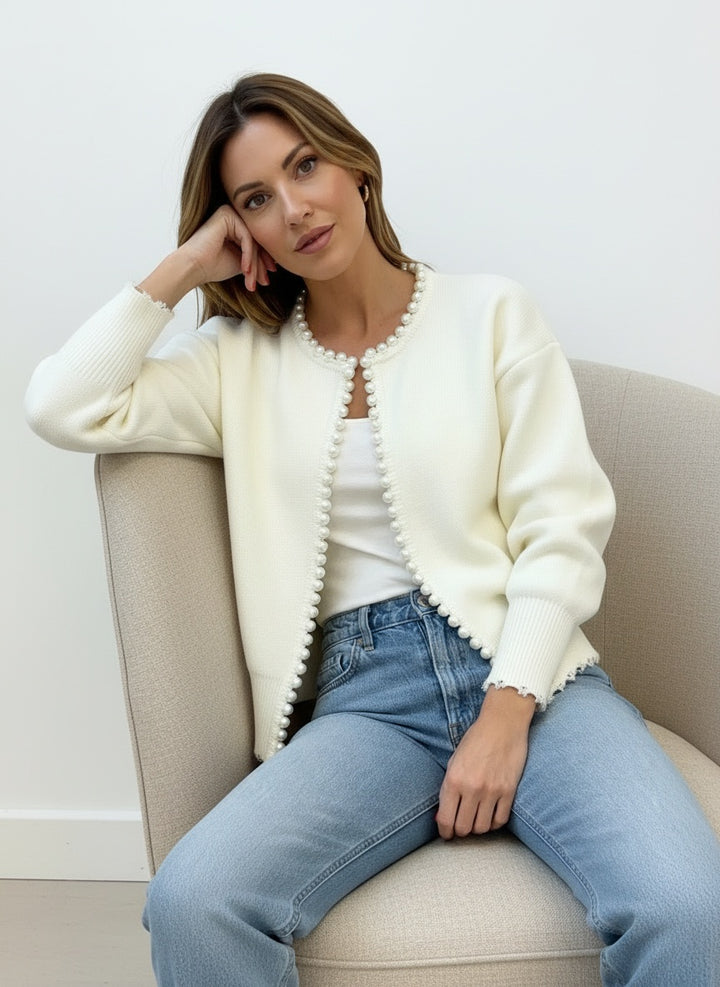 Pearl Trim Long Sleeve Knit Cardigan