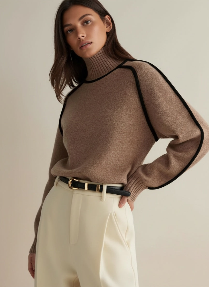 Striped Trim Loose Turtleneck Knit Sweater
