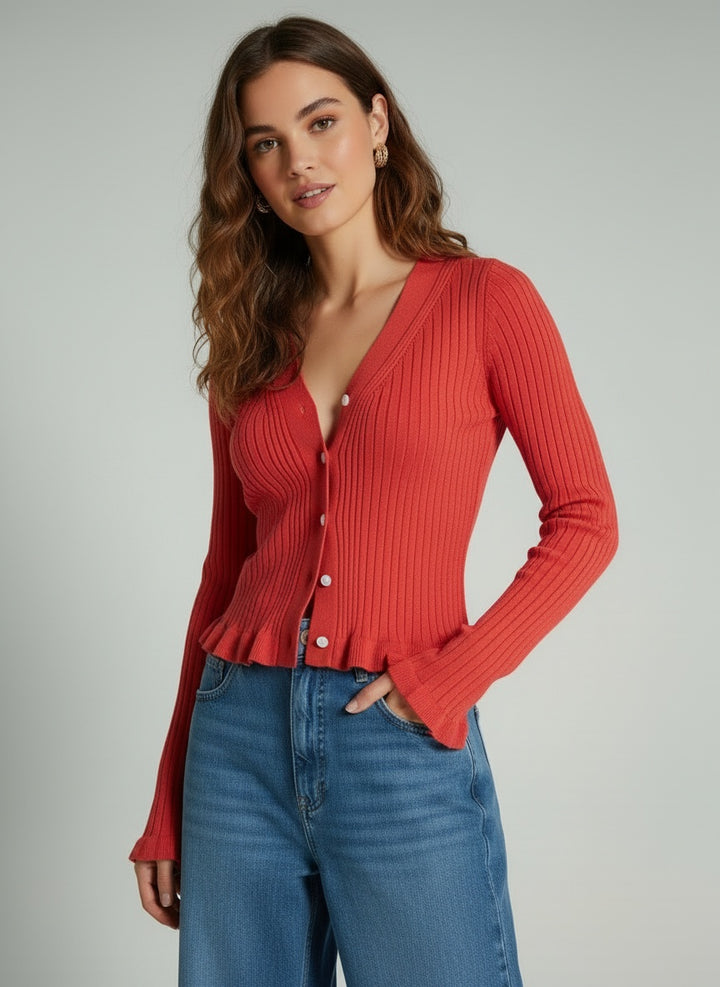 Ribbed V-Neck Slim Knit Cardigan