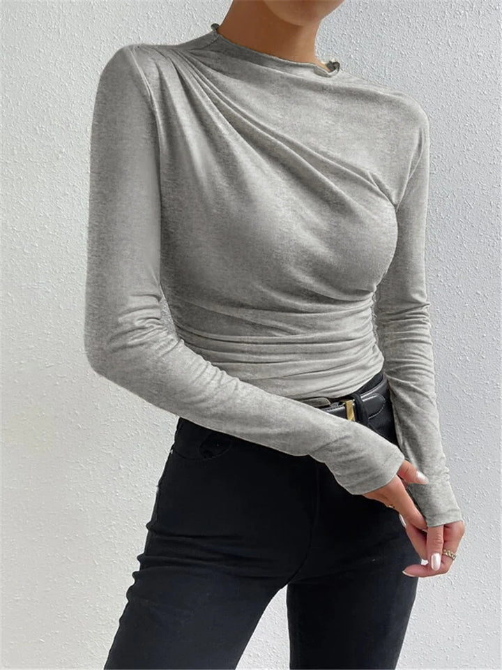 Ruched Long Sleeve Solid O-Neck Top