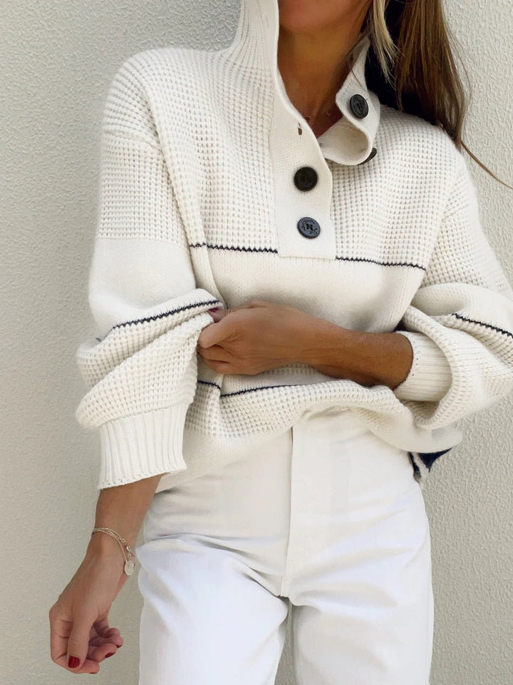 Striped Polo Collar Knit Long Sweater