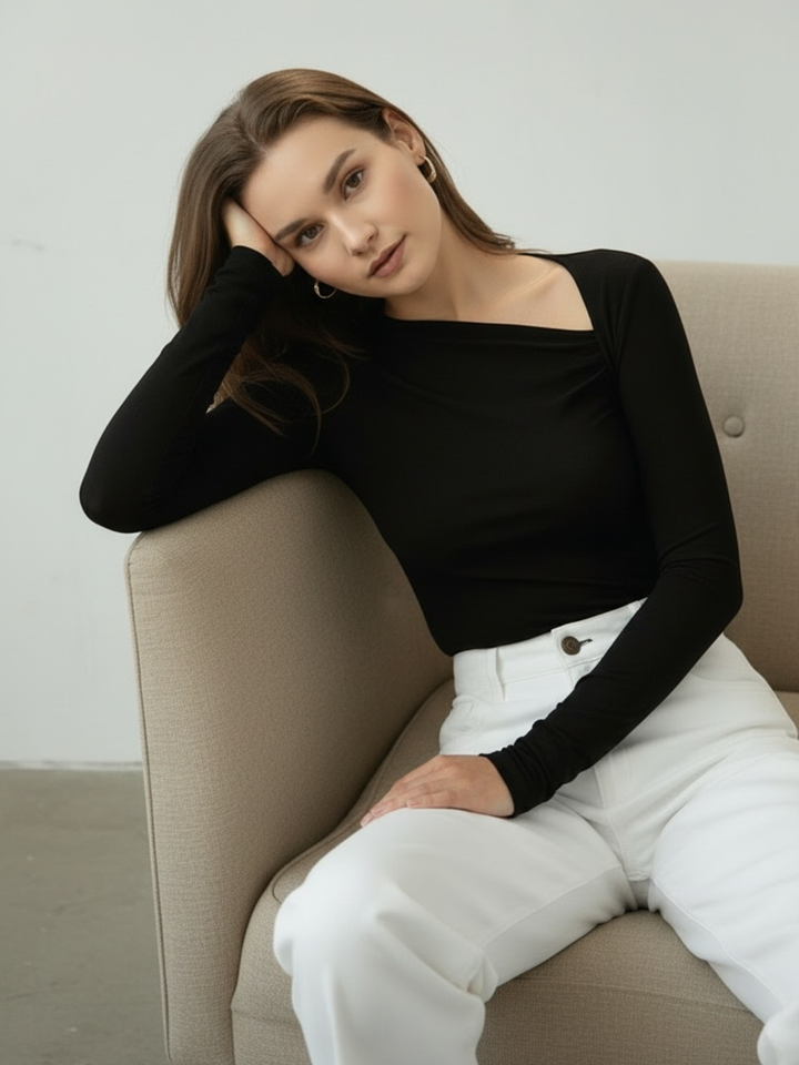 Ribbed Knit Long Sleeve Asymmetric Top