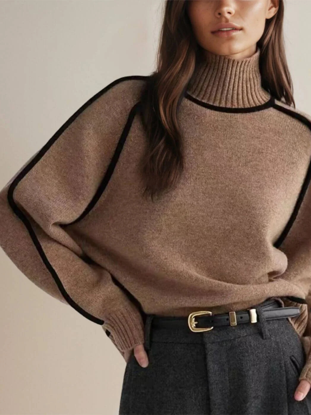 Striped Trim Loose Turtleneck Knit Sweater