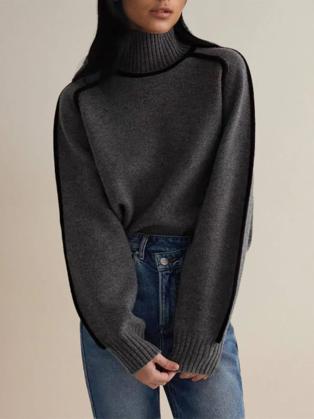 Striped Trim Loose Turtleneck Knit Sweater