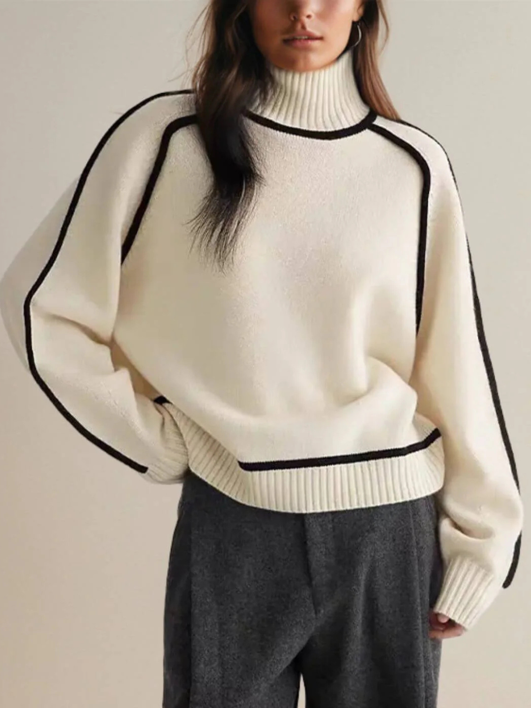 Striped Trim Loose Turtleneck Knit Sweater