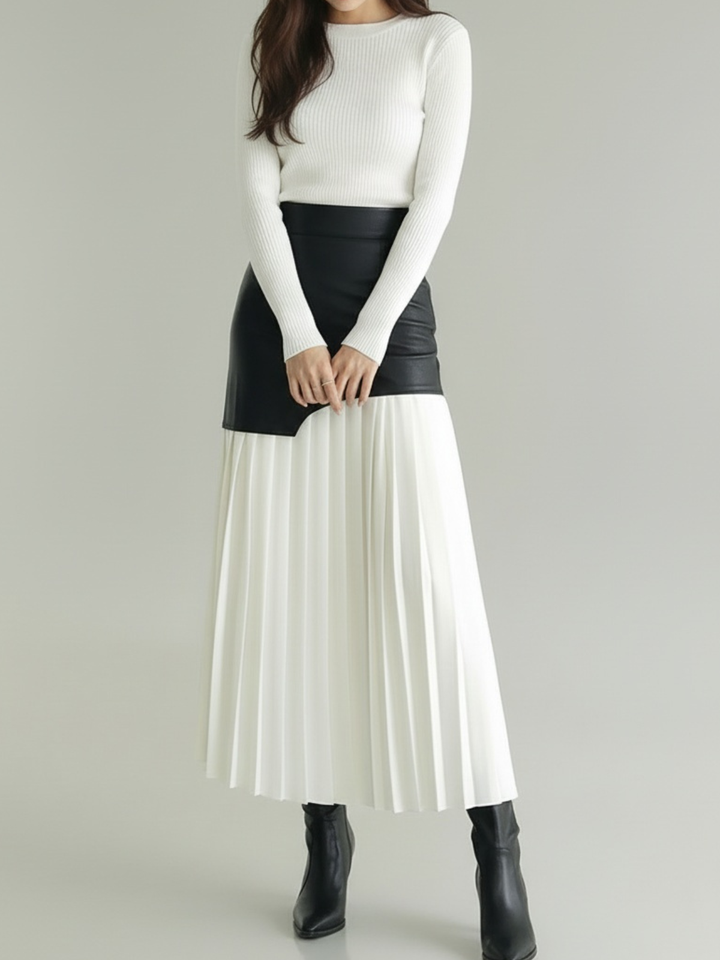 Patchwork Faux Leather High-Waist Woven Maxi Skirt