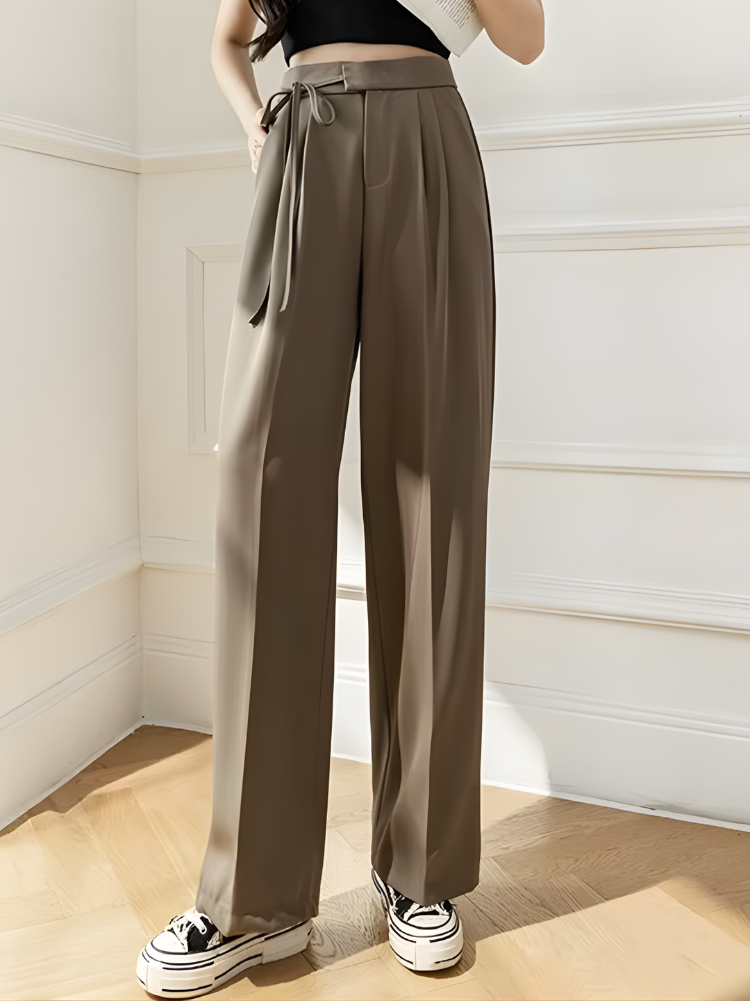 Lace-Up High-Waist Straight Suit Pants