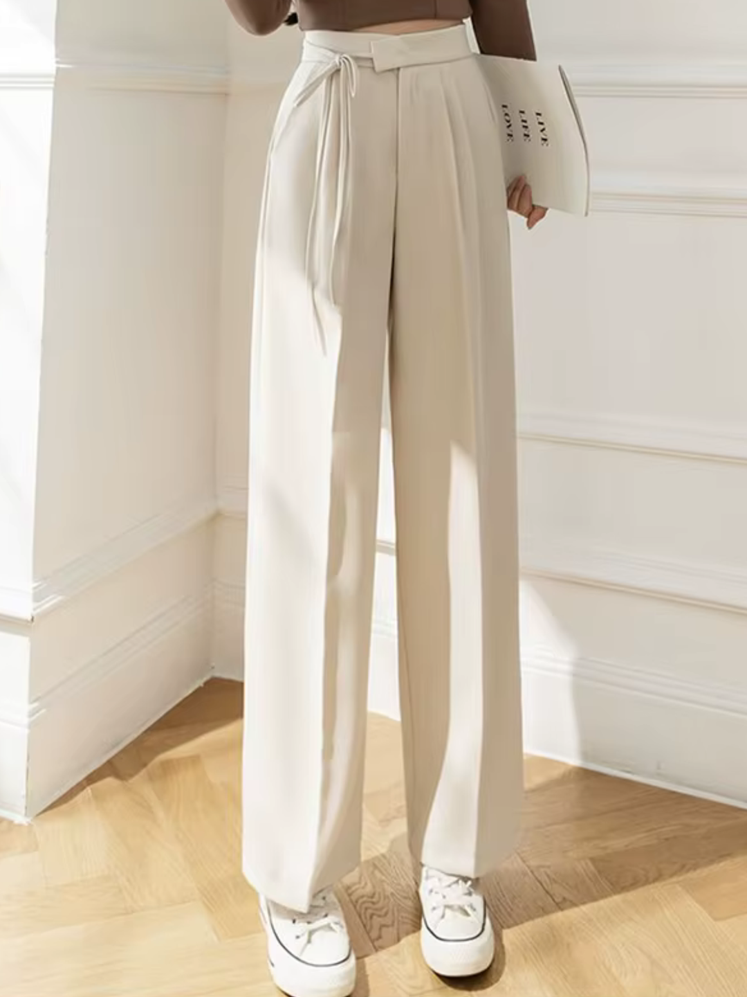 Lace-Up High-Waist Straight Suit Pants