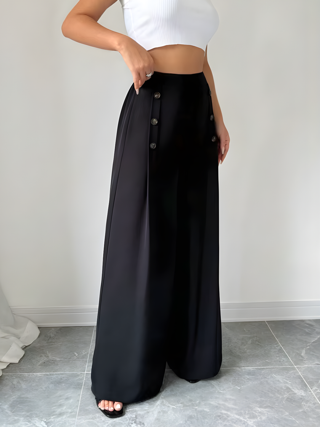 High-Waist Wide-Leg Button Pants