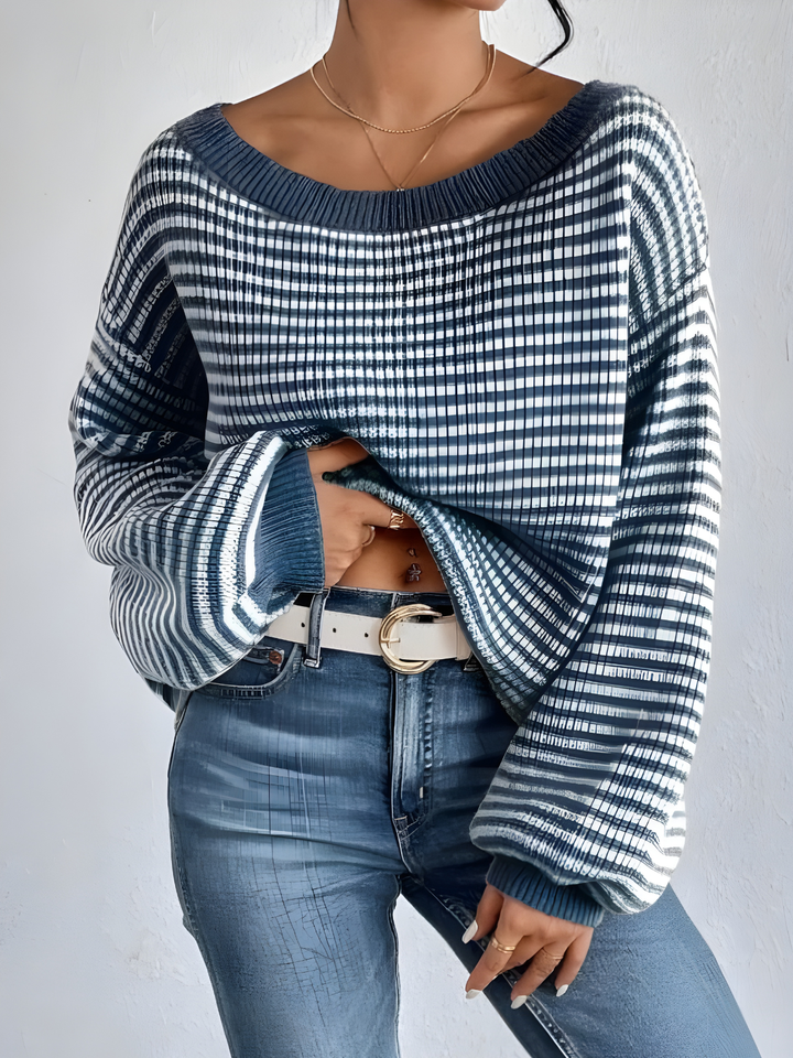 Off-Shoulder Contrast Knit Sweater